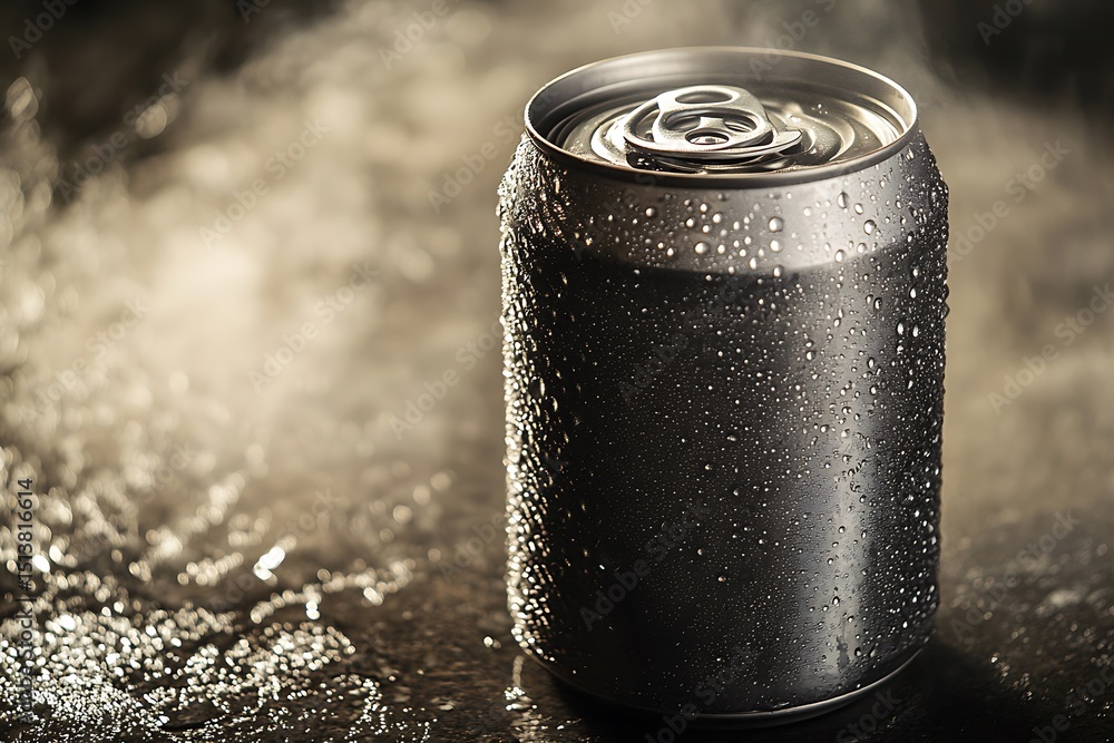 Poster graphite-colored cold drink can with light mist effect and soft shadows, isolated on a neutral tone 