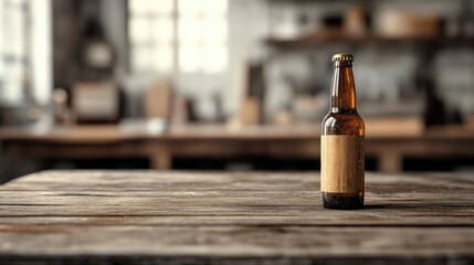 A solitary brown beer bottle sits on a rustic wooden table, showcasing simplicity and warmth in an inviting interior environment.