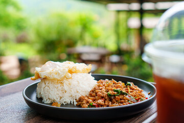 Stir-fried pork and basil leaves with rice and a fried egg served on black plate on wooden table with green background in restaurant. Popular Thai  street food.