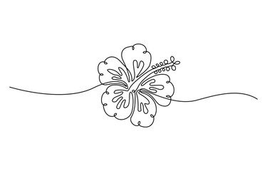 Hibiscus flower in  continuous one line art drawing style. Floral abstract symbol in simple linear style. Minimalist black line sketch isolated on white background.