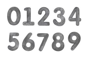 Hand painted watercolor grey numbers 0-9 isolated on a white background.