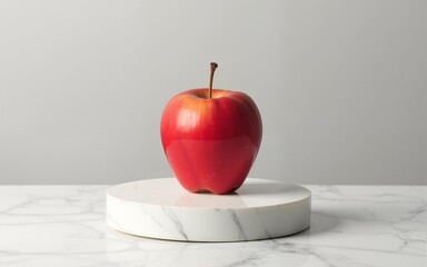 Red Apple and White Cylinder on Marble Surface. High quality
