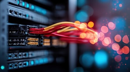A close-up view of vibrant network cables connecting ports in a server rack, highlighting technology and connectivity in modern data centers and communication infrastructure.
