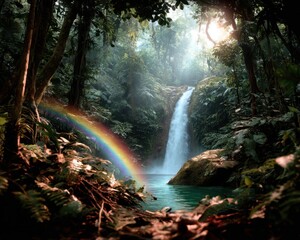 Enchanting waterfall cascading through lush jungle tropical paradise nature scene serene environment vibrant viewpoint