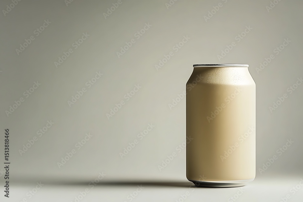Poster matte beige carbonated drink can, clean and upright with modern neutral backdrop and a hint of side 