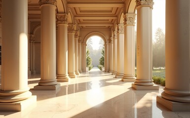Sunlit Classical Hallway with Beige Stone Columns and Marble Floor. High quality