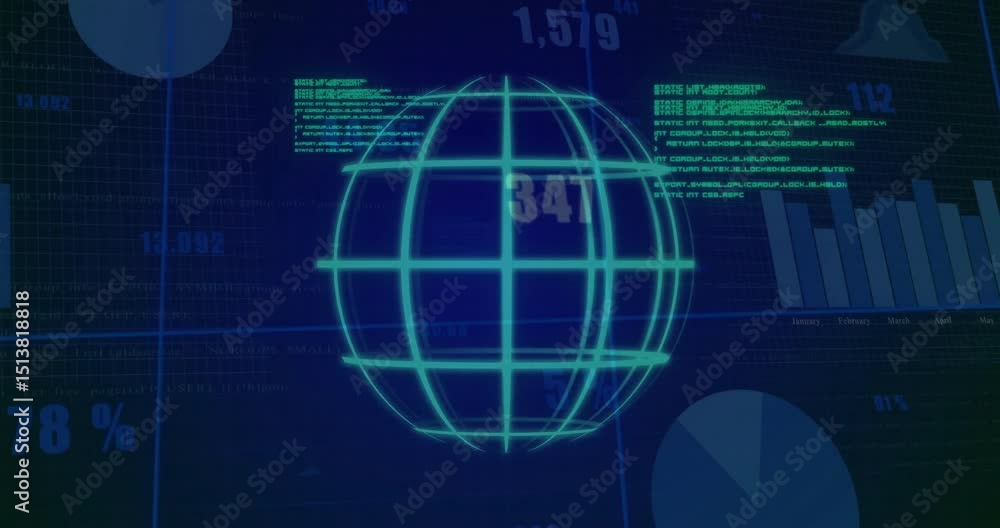 Poster globe emerging on data dashboard, bar chart appearing and codes scrolling visualizing analytics