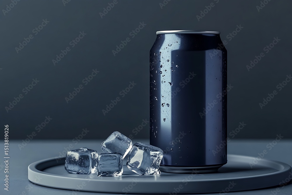 Poster midnight blue soft drink can with smooth texture and no branding, displayed with ice cubes on a gray