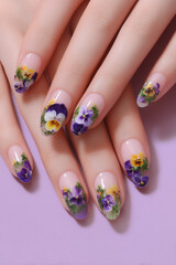 Delicate floral nail art showcasing pansies on elegantly manicured hands set against a soft lavender background