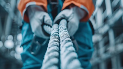 A focused worker grips heavy rope in an industrial setting, symbolizing teamwork and safety. The careful handling underscores the importance of collaboration in demanding situations.