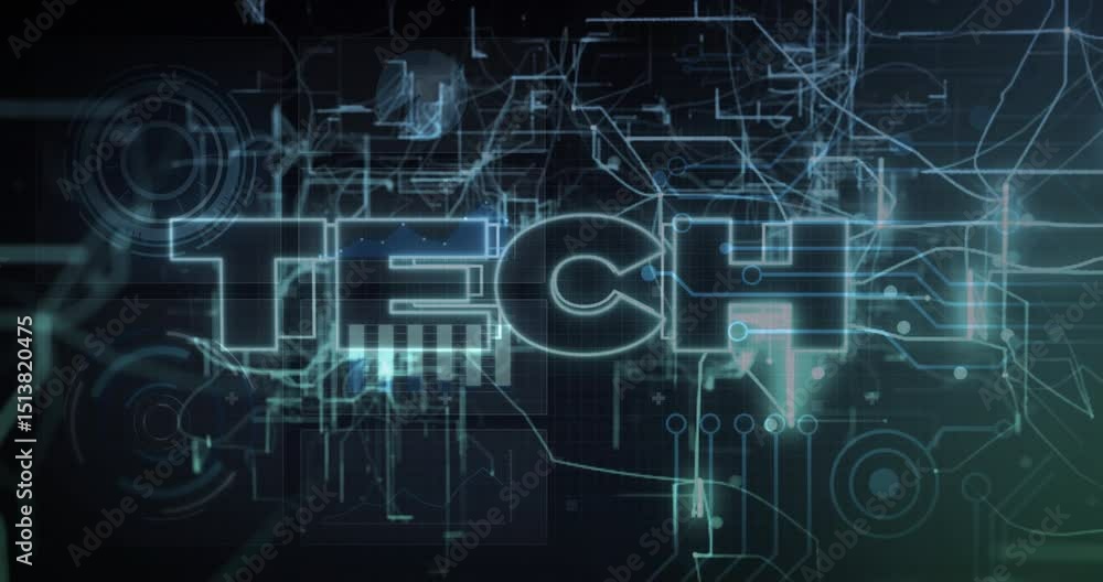 Poster neon lines drifting in forming pulsing nodes and glowing tech letters integrating into circuit