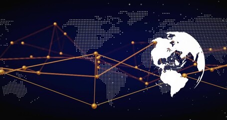 Dots forming map leading golden nodes connecting regions, white 3D globe spinning showing network - Powered by Adobe