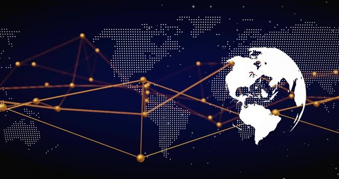Dots forming map leading golden nodes connecting regions, white 3D globe spinning showing network