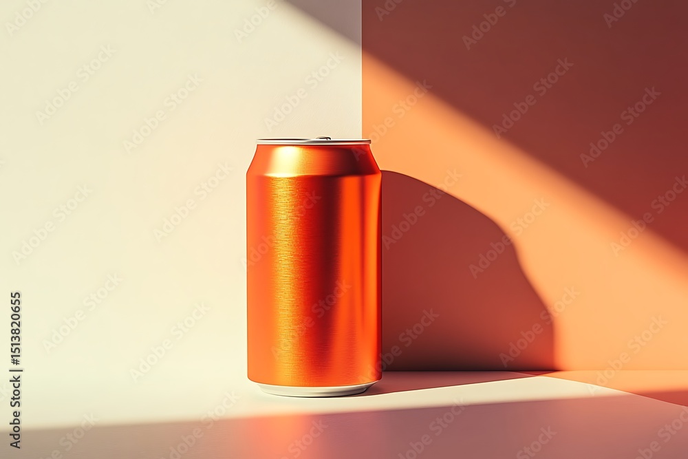 Poster orange matte soft drink can, centered in frame with shadow gradient and elegant minimalist backgroun