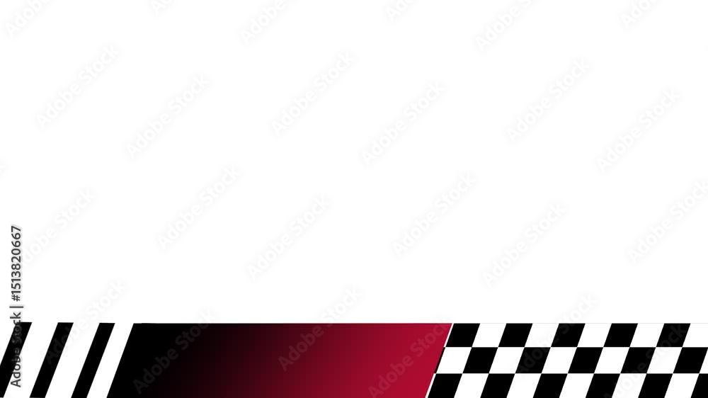 Poster a stylized racing transition graphic combining red and white diagonal lines with checkered and strip