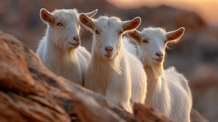 Obraz premium In a picturesque farming landscape, three goats climb over rugged rocks as the warm glow of sunset envelopes the scene. Their graceful movements highlight the natural beauty of the area