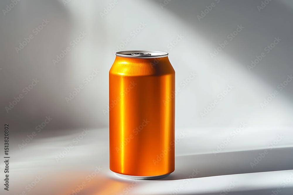 Poster orange matte soft drink can, centered in frame with shadow gradient and elegant minimalist backgroun