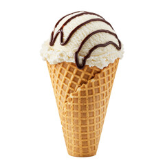 Delicious ice cream cone topped with chocolate drizzle against a plain background