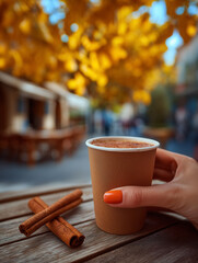 Enjoying warm spices and cozy comfort under golden autumn leaves in a charming cafe setting