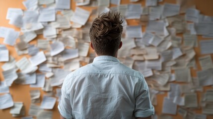 A person stands, back turned, facing a chaotic wall of papers, symbolizing overwhelm, decision-making processes, creativity, and the struggle of organizing thoughts and ideas.