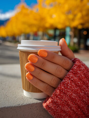 Vibrant autumn moments with a warm drink and a cozy sweater in a colorful park