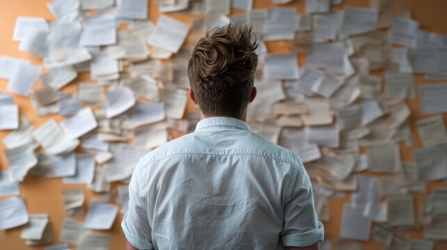 A person stands, back turned, facing a chaotic wall of papers, symbolizing overwhelm, decision-making processes, creativity, and the struggle of organizing thoughts and ideas.