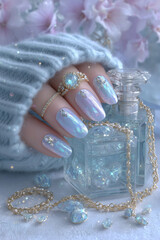 Elegant pastel nail art adorned with sparkling gems and feminine accessories on a cozy setting with soft hues