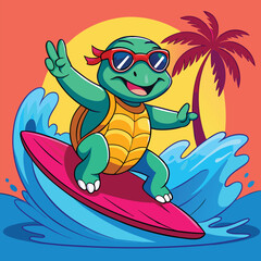 Cheerful turtle surfing on a pink surfboard enjoying the waves at a tropical beach