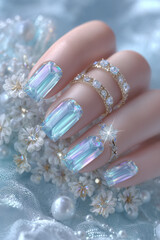 Elegant holographic manicure adorned with delicate jewels and blossoms against a soft blue backdrop