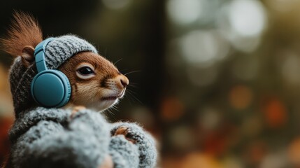 Obraz premium A cute squirrel dressed in a cozy hat and headphones, striking an inquisitive pose amidst a blurred natural background, showcasing an adorable blend of nature and creativity.