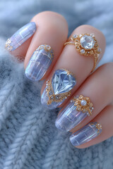 Elegant nail art adorned with gemstones showcases creativity and style in a cozy setting