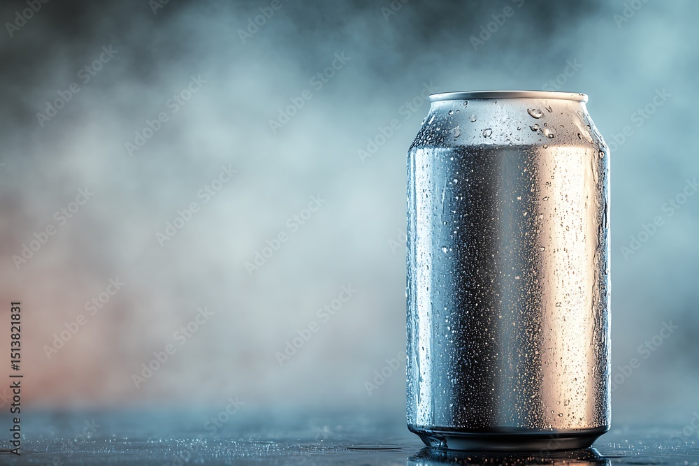 Poster silver and charcoal dual-tone cold drink can, centered on a gradient background with frosty mist eff