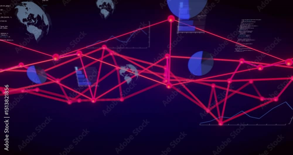 Poster red network web forming as nodes joining, charts spinning, code scrolling, plot rising showing data