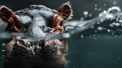 A close-up of a hippopotamus's face half-submerged in still water with bubbles surrounding it, showcasing its curious expression and water-drenched features.