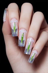Creative nail art features translucent designs with stunning green accents, showcasing unique artistry and style