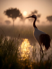 Majestic crane stands gracefully in shimmering waters at dawn, surrounded by tranquil nature and soft sunlight
