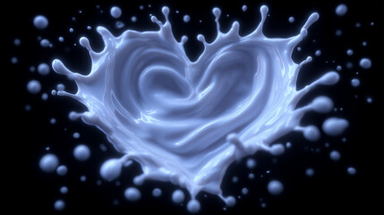 Creative heart-shaped splash formed by white liquid on a black backdrop captures the essence of love and affection in an artistic expression