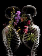 Skeletons embracing with vibrant flowers growing between them under a dark background