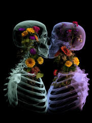 Two skeletons embrace, showcasing a vibrant display of flowers blooming within, representing the beauty of love and life intertwined