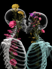 Love blooms in the embrace of two skeletons intertwined with vibrant flowers against a dark background