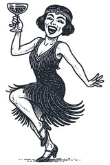 Fototapeta premium Vintage vector illustration: joyful 1920s flapper woman in fringe dress & headband, dancing & toasting with champagne. Retro Art Deco party style.