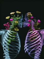 Floral silhouettes embrace as vibrant blooms blossom within colorful skeletal forms in an artistic representation of life and love
