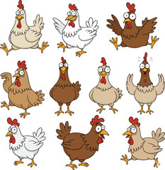 a collection of funny chickens in various comical poses