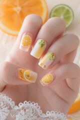 Bright citrus-themed nail art design showcasing vibrant oranges and refreshing limes during a sunny afternoon