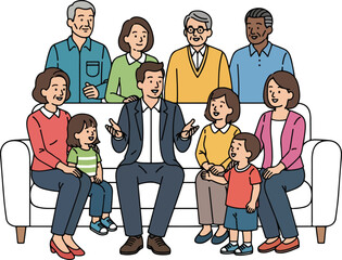 a family gathering, with a client seated on a white couch, engaging in a conversation with family members.