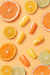 Bright and cheerful nail art with citrus fruits on a sunny yellow background