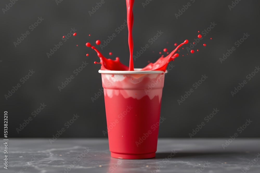 Poster red smoothie splash: a vibrant red smoothie is poured into a disposable cup, creating a dynamic spla
