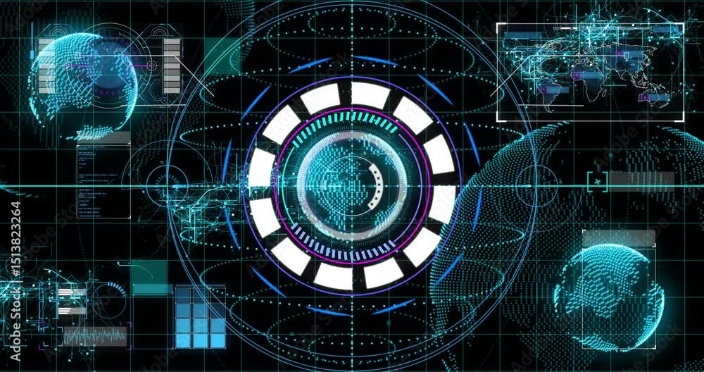 Poster grid flashing booting interface, scanning ring filling arcs mapping data with pulsing globes