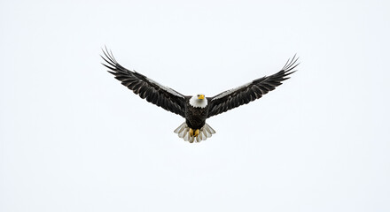 A bald eagle soars high in the sky, its wings fully extended. The striking bird has a white head and tail, and a powerful yellow beak. white background.