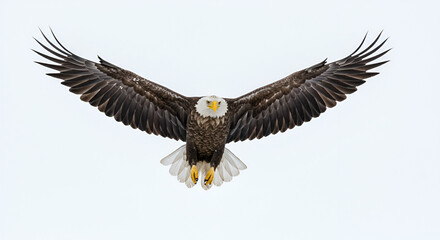 A bald eagle soars high in the sky, its wings fully extended. The striking bird has a white head and tail, and a powerful yellow beak. white background.